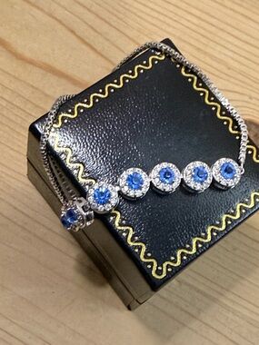 Fashion Jewelry Silver-Tone Bracelet with Blue Crystal Halo Accents